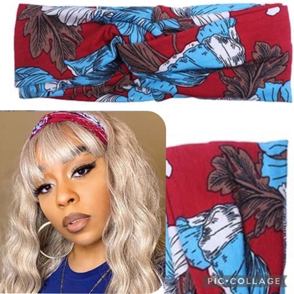 Red and Blue Butterfly Floral Leaf Print Soft Stretch Headband - Picture 3 of 7